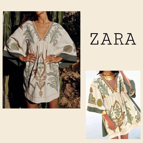 ZARA  Linen Blend Embroidered Babydoll Dress Boho Peasant Sz Small - Picture 1 of 6